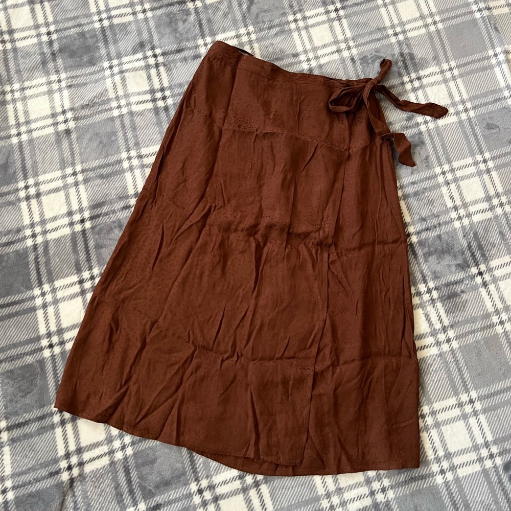 Brown Midi Wrap Skirt with Tie Front